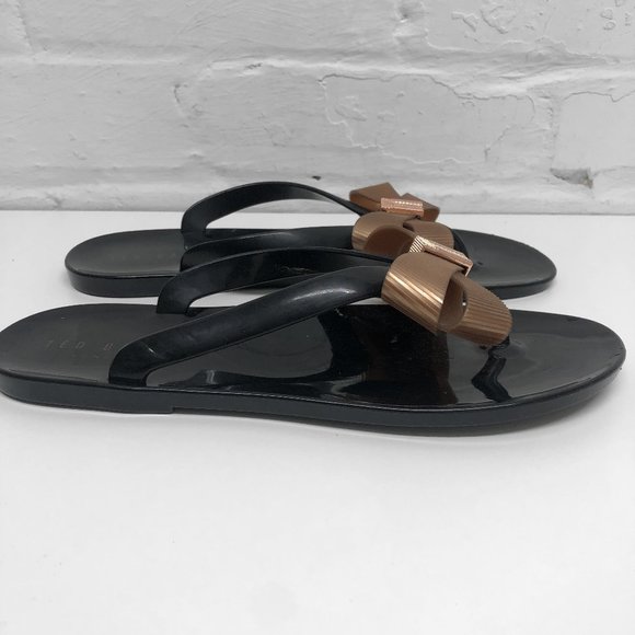 TED BAKER Black Flip Flops w/ Copper Bow - Picture 1 of 6